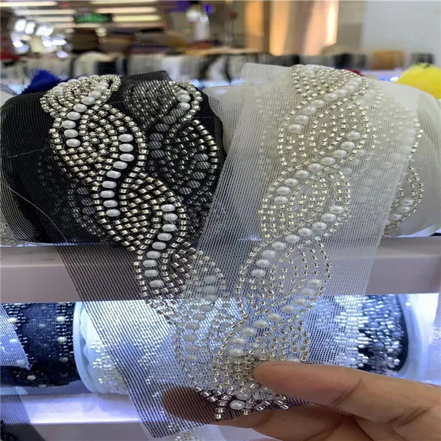Exquisite garment dress bugle bead rhinestone lace tape trimming,handmade heavy beading lace ribbon tape