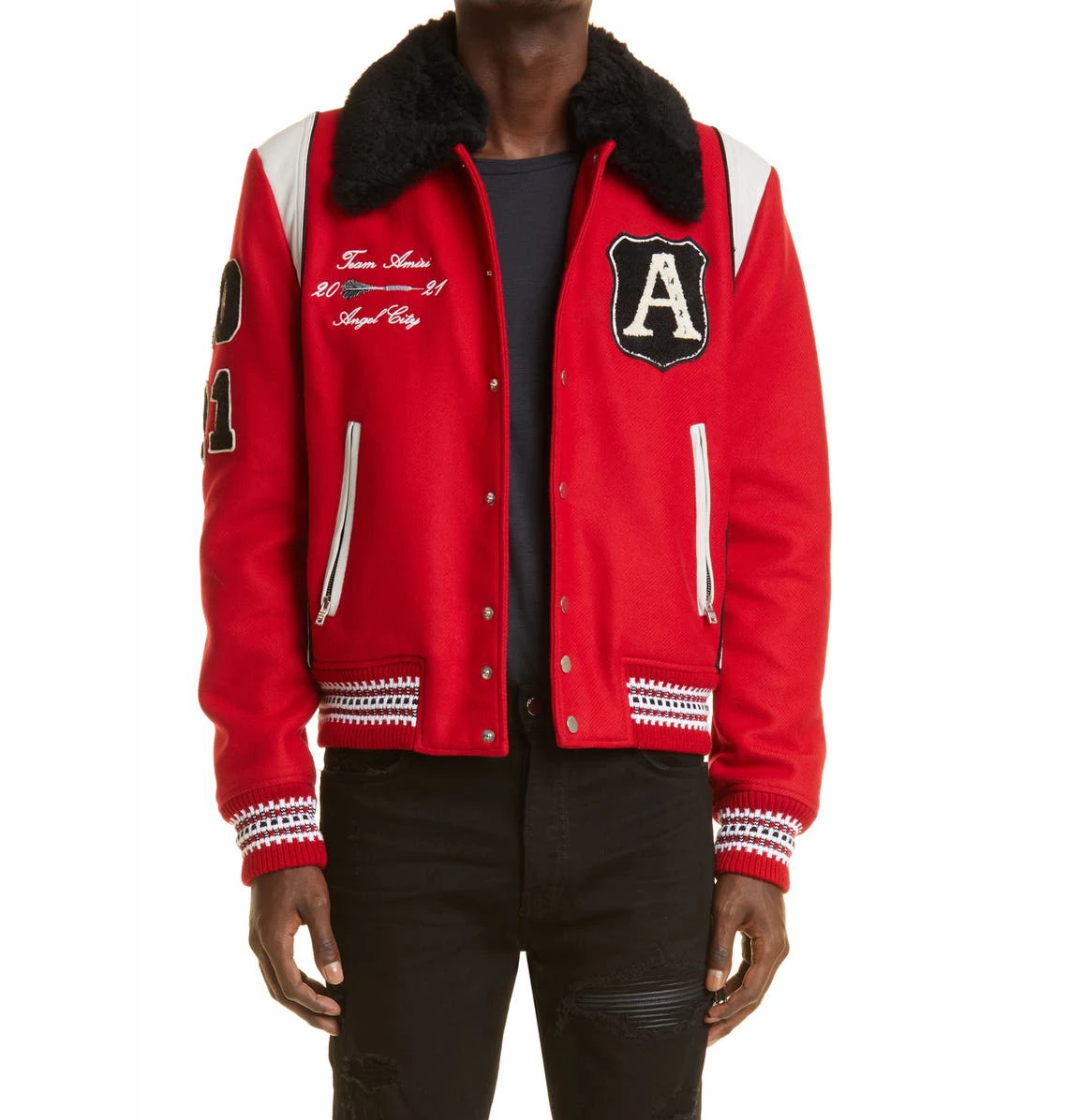 Men varsity jacket new fashion turn down fur collar leather wool fabric chinelle embroidery men baseball letterman jacket