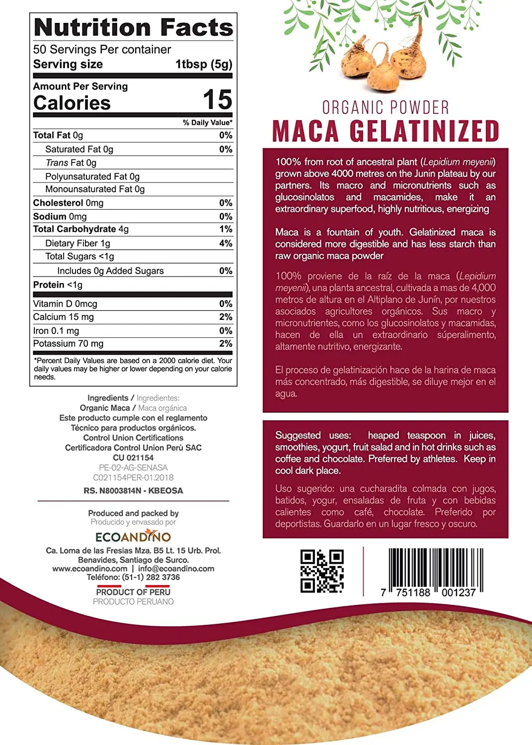 8.8 Ounce 250G ECOANDINO Organic Gelatinized Maca Powder
