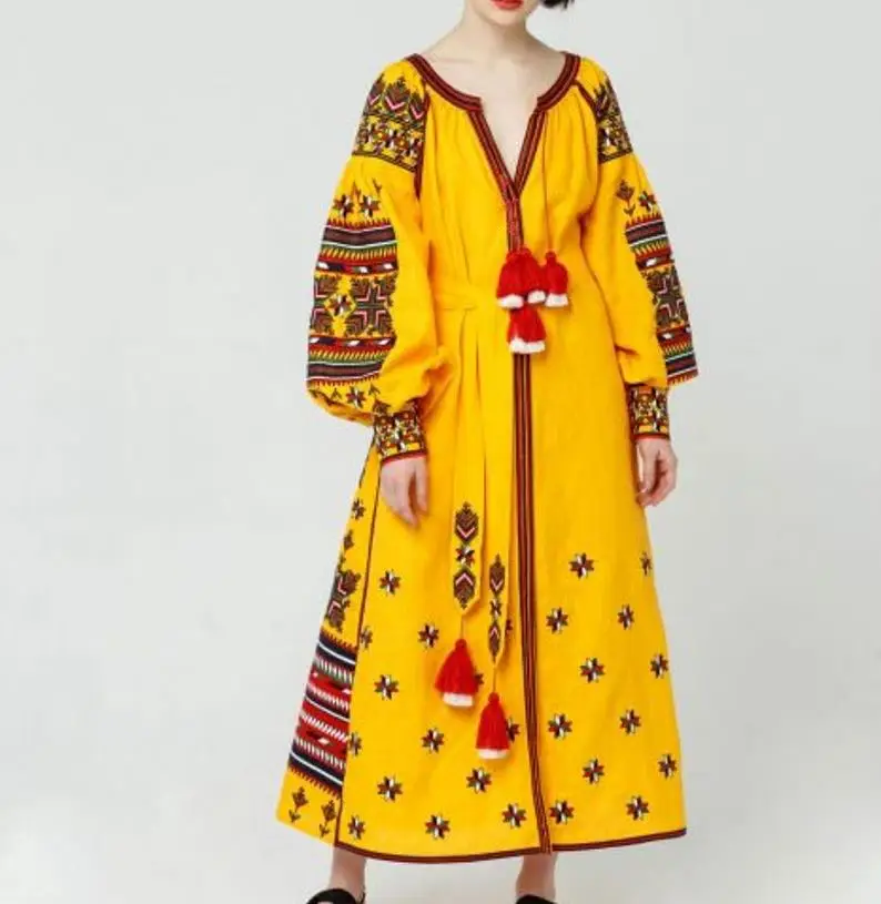 
Women Ukrainian Ethnic Vyshvanka Long Sleeve With Belt Linen Embroidered Dress 