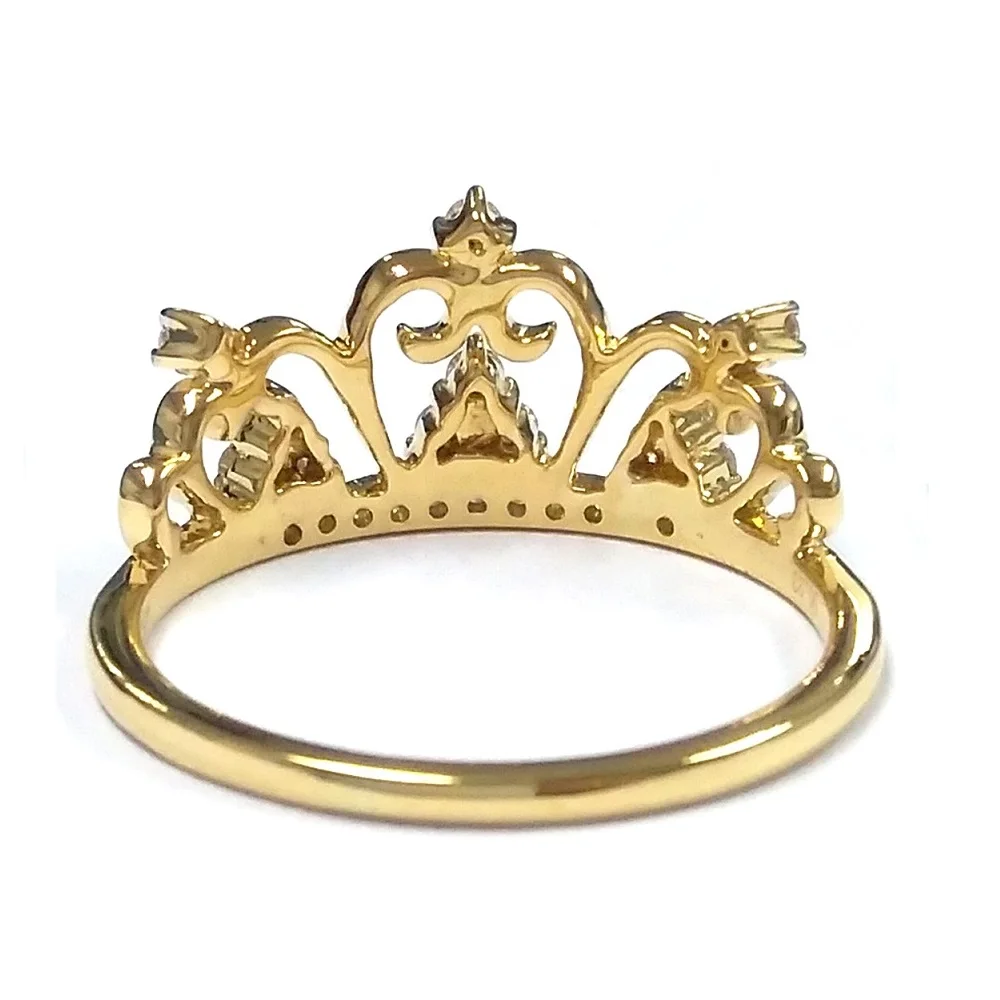 Unique Crown Bride Design 18k Solid Yellow Gold Natural Round Diamond Trendy Band Ring For Teen Girl