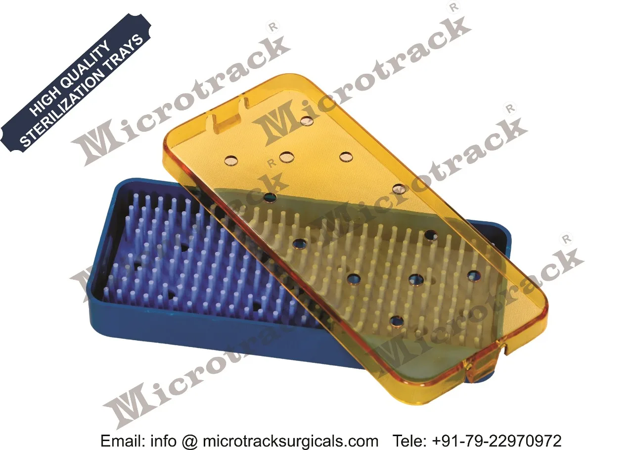 Autoclavable plastic sterilization tray for micro surgical instruments.