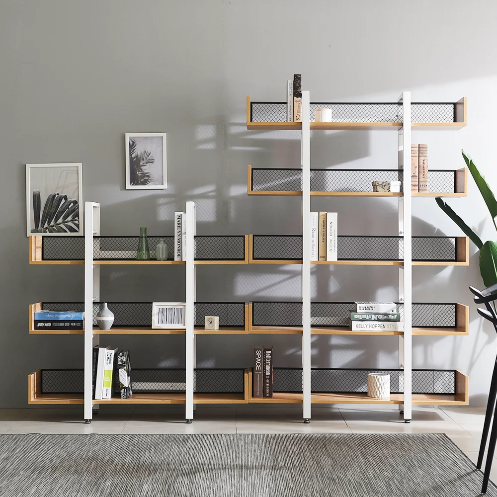 Industrial Wood Wooden Metal Display and storage square White frame 5 tiers back mesh leaning  bookshelf
