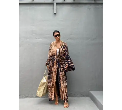 
Boho Silk Kimono Long Sleeves Handmade Tie Dye Vacation Summer Maxi Dress Resort Wear Silk Kimono Maxi Wrap Beach Cover Up Dress 