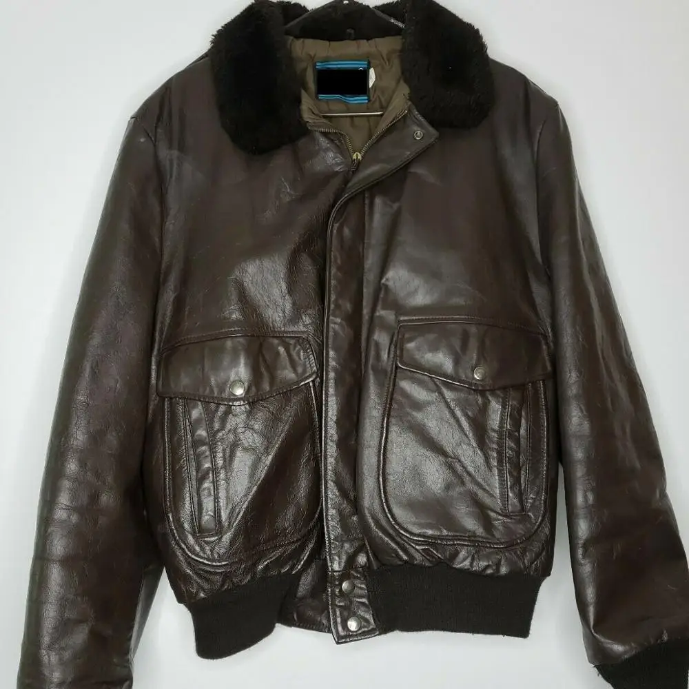 Mens Vintage Brown Leather Bomber Aviator Flight Jacket Sherpa Fleece