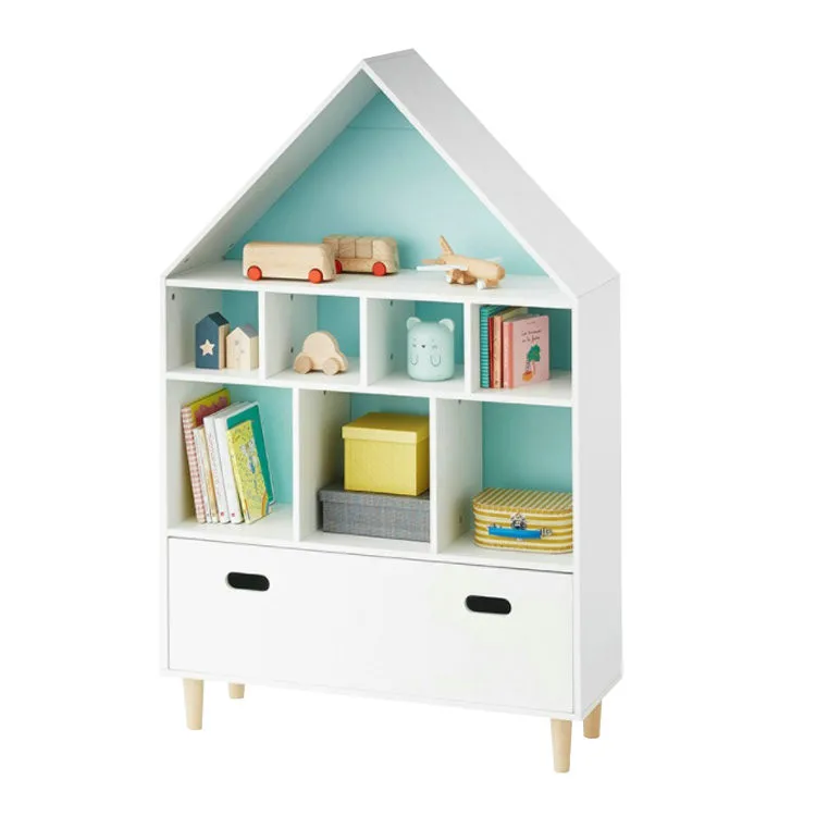 Hot selling kids wooden bookshelf house shape bookshelf storage shelf