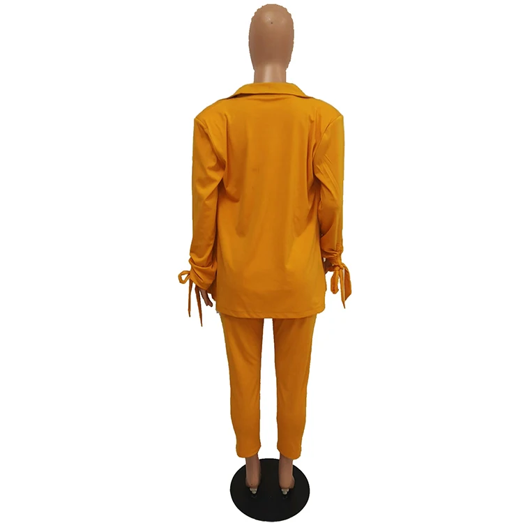 Bright Yellow Drawstring Sleeves Two  Piece Set Blazer Suits Set for Women