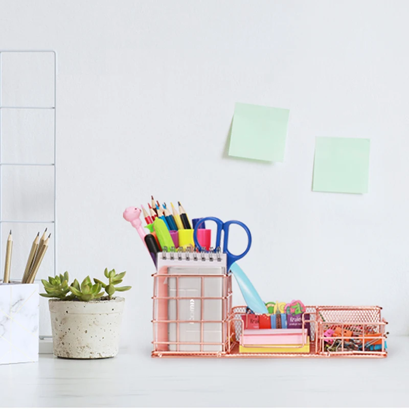 Comix Office School Student 4 compartment Decorative Pen Pencil Holder Caddy Storage Accessory Metal Mesh Desk Organizer