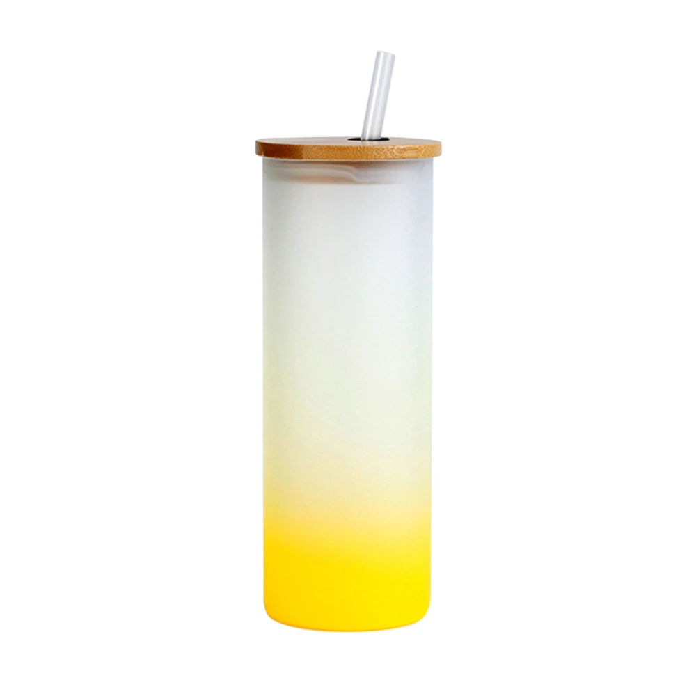 Blank 18oz / 25oz Straight Tumbler with Bamboo Cover Color Gradient Frosted Glass Mug Sublimation Soda Glass with Straw