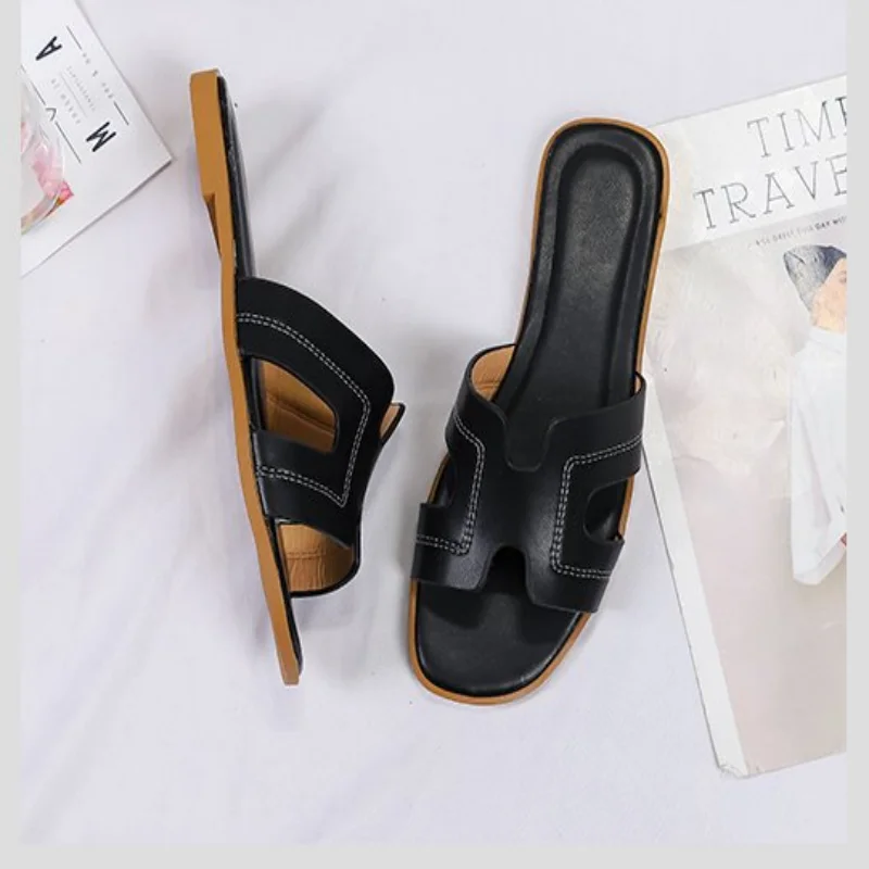 Ladies Shoes Flat Casual Fashion Designer Brand Slipper Pu Leather Women Beach Oran Sandals Outdoor Casual One Thong Slipper