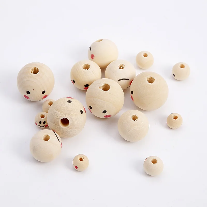 Handmade Smiley Face Natural Wood Beads Ball Round Loose Spacer Beads For Jewelry Making Diy Bracelet Accessories