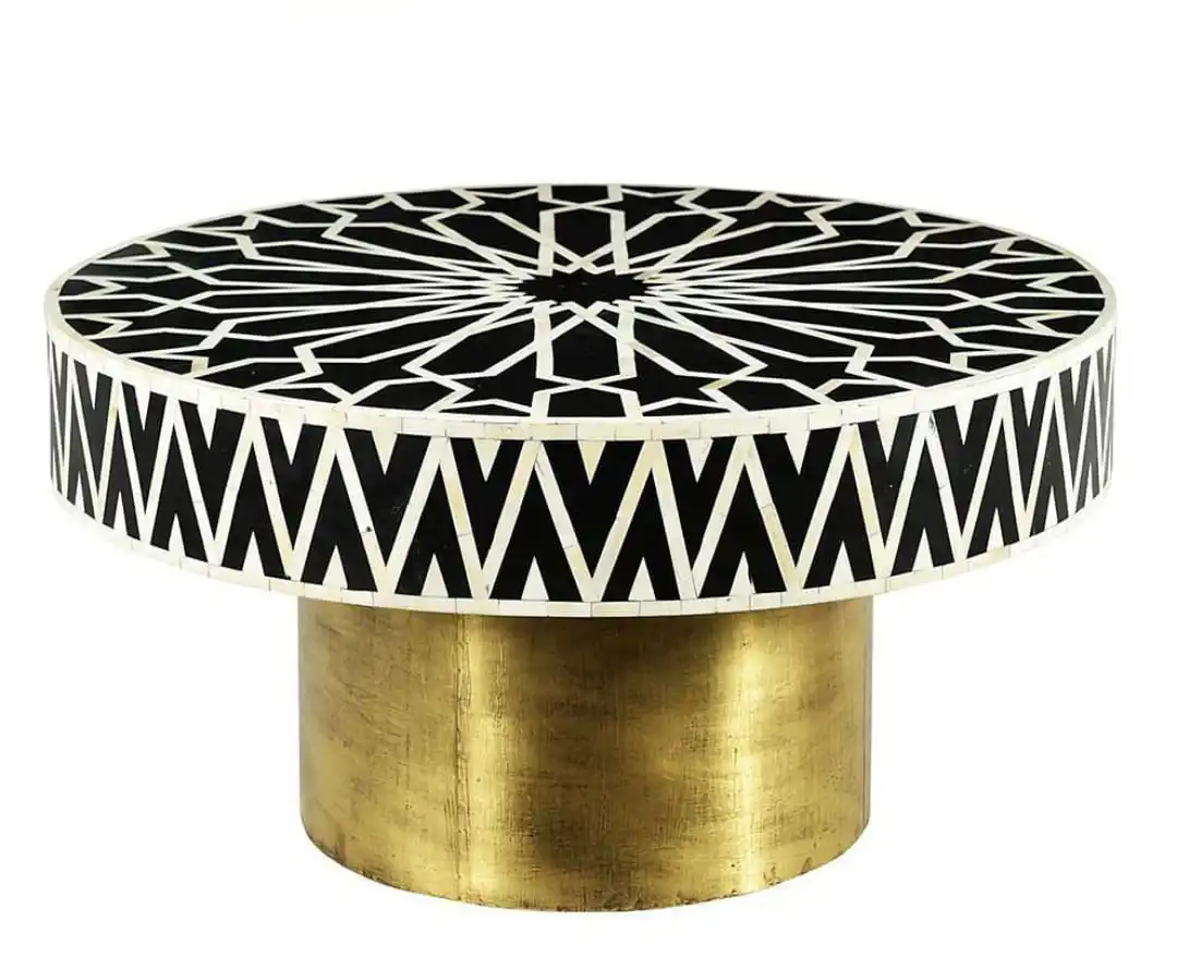 Hot Sale Bone Inlay Round Floral Coffee Table with Brass Base  Bone Inlay Furniture Handicraft from India