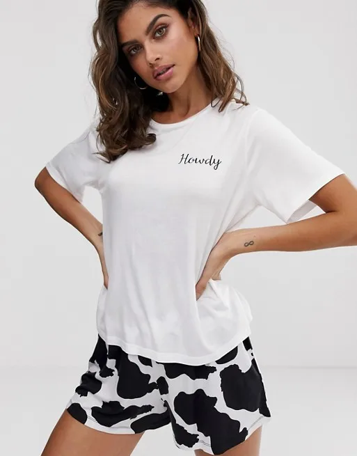 MGOO OEM Cow Print Embroidered Short Sleeve Women Pajama Short Set