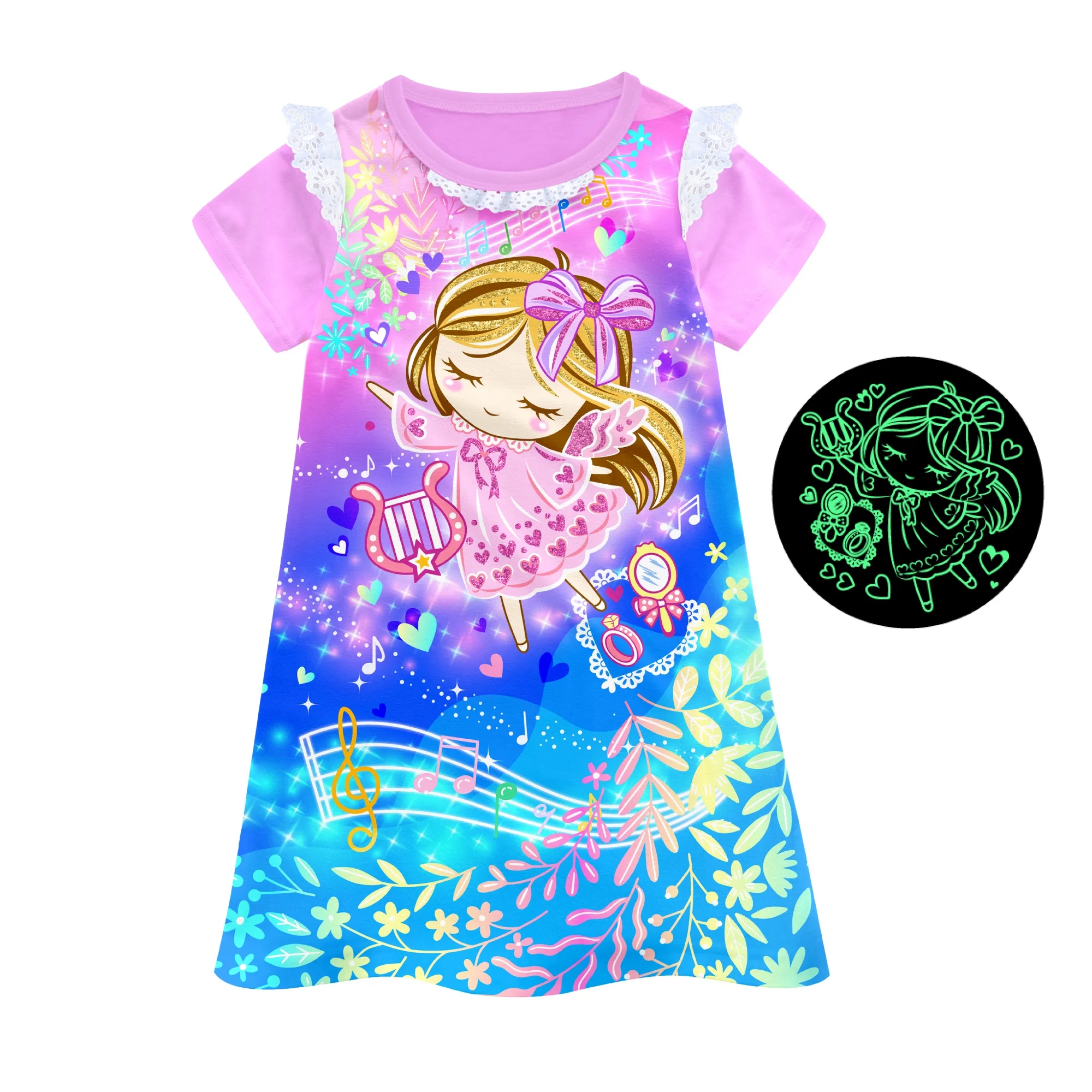 B0479SS Little Girls short sleeves princess night dress  glow in the dark cartoon nightgown kids sleepwear