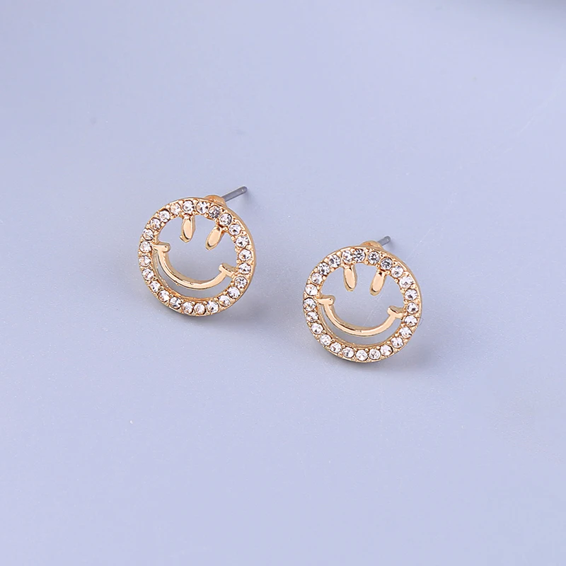 
2020 Позолоченные полые улыбающееся лицо круг с украшением в виде кристаллов со стразами, серьги со шпилькой, для леди 