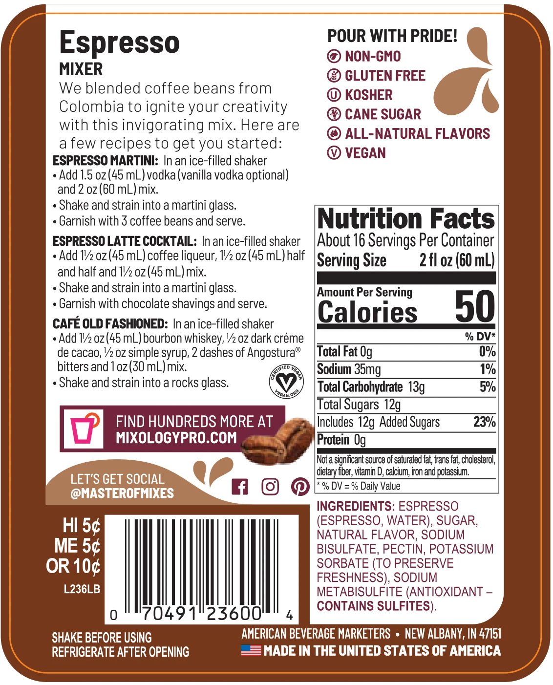 
Master of Mixes Espresso - 1 Liter Ready-To-Use Non-Alcoholic Cocktail Mix 