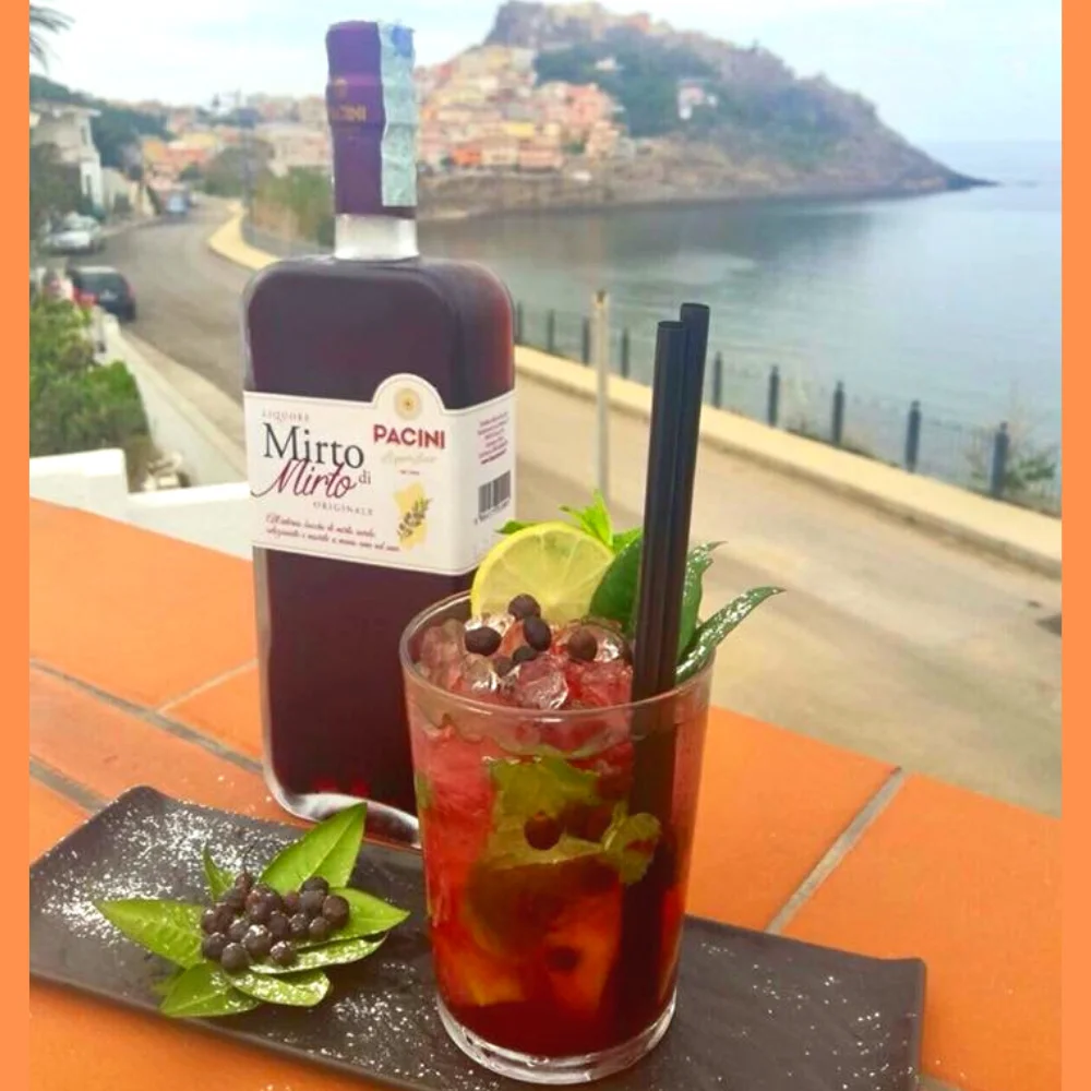 Premium Italian Quality PACINI LIQUEUR Red Myrtle 70 cl bottle with wild myrtle berries inside the for