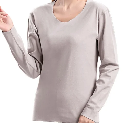 
Women Thermal Flexible Cozy Round Neck Double-face Fleece Underwear Set Loungewear With Long Sleeve Shirt and Pants Gray 