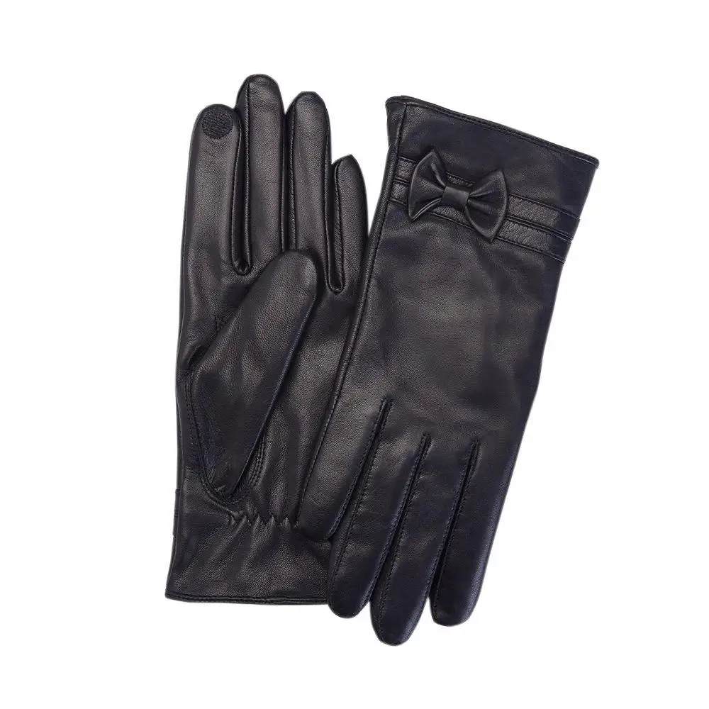 Girls Silky Dressed Black Leather Women Fur Lined Gloves Cotton PU leather gloves Touch Screen Gloves
