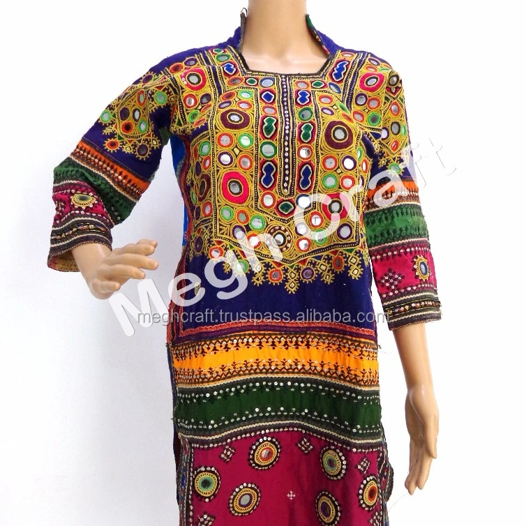 Tribal Dress - traditional Afghan tunic - Kuchi ethnic Banjara Dress- Afghan dress-Mirror work yokes tunic