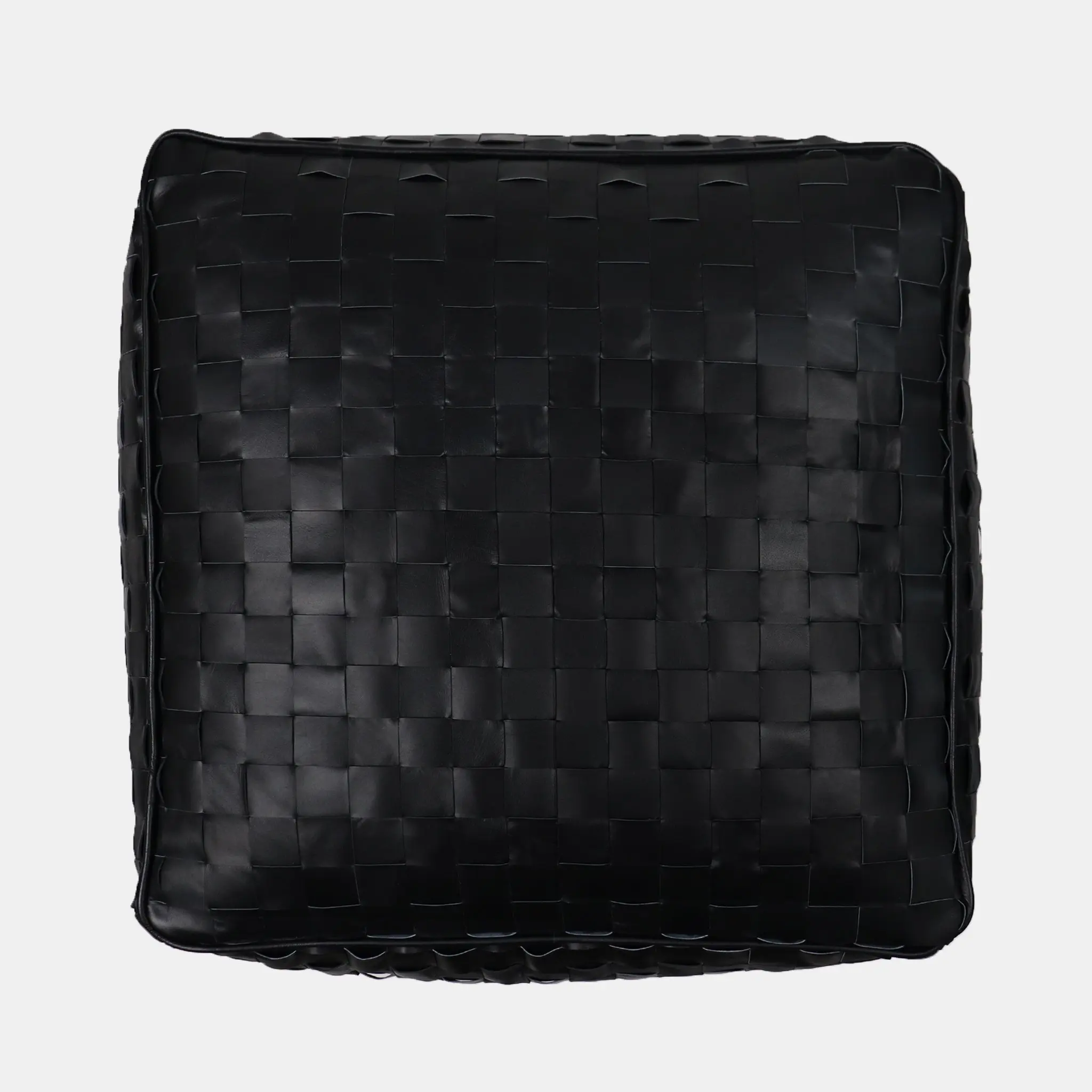 Handmade Moroccan Black Leather Ottoman Braided Pouf
