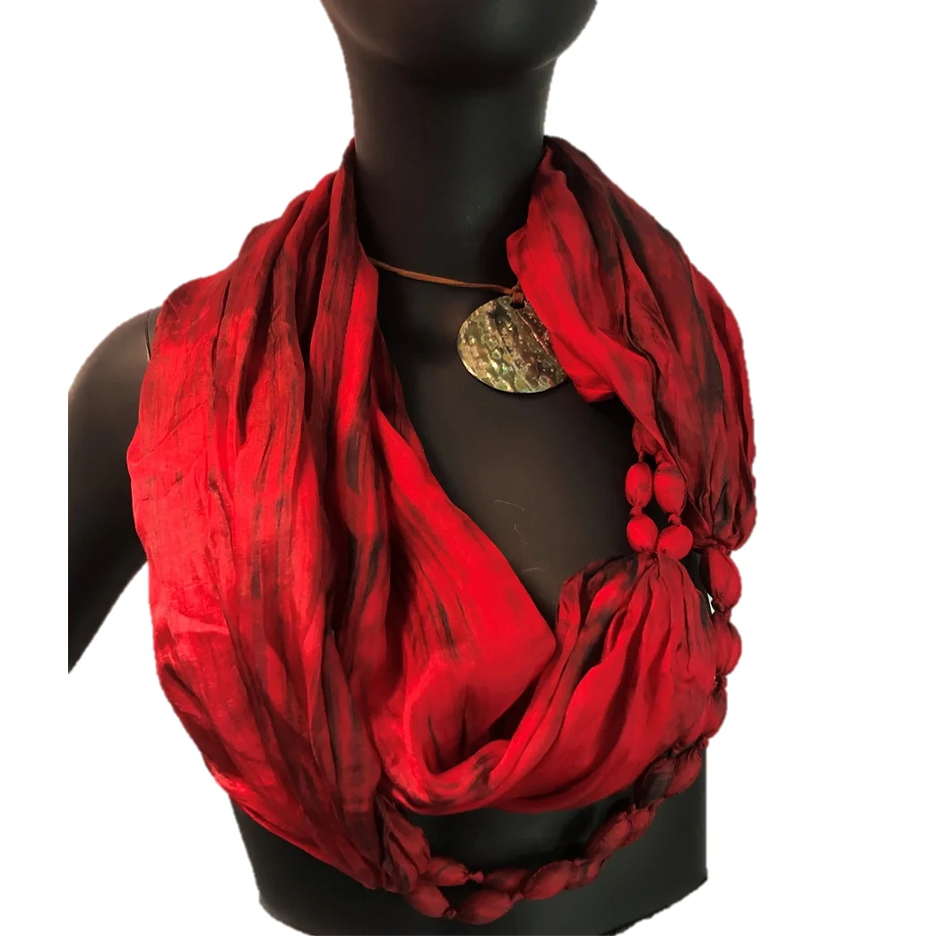 High Quality Necklace Scarf, 100% Vietnam Silk- Loop with Wooden Diamond Beads - OEM, ODM - Fashion Silk Necklace Scarf