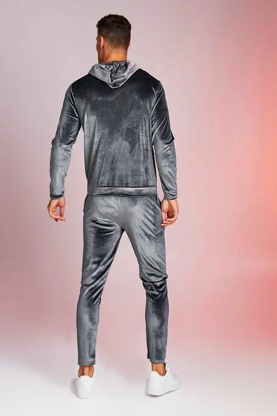 custom logo unisex sport sweat suite 2 piece Shiny Velour Hooded Tracksuit