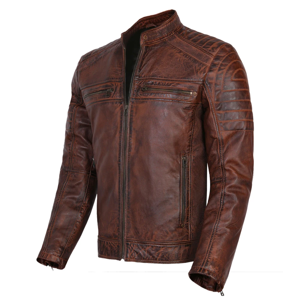 Men Genuine Leather Biker Jacket Vintage Cafe Racer Brown Slim Fit Jacket