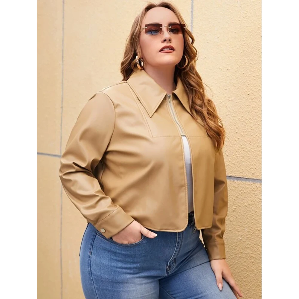 Fashionable Plus Woman Stylish High Quality Customized Front Zip Full Sleeved Solid Beige Leather Jacket For Woman