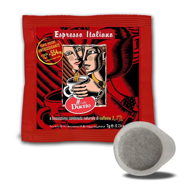 
BOX 150 COMPOSTABLE PODS ESE 44 millimeters. Duetto Italian Espresso Mild coffee: 1,7% Caffeine, 554mg/7g Antioxidants. 