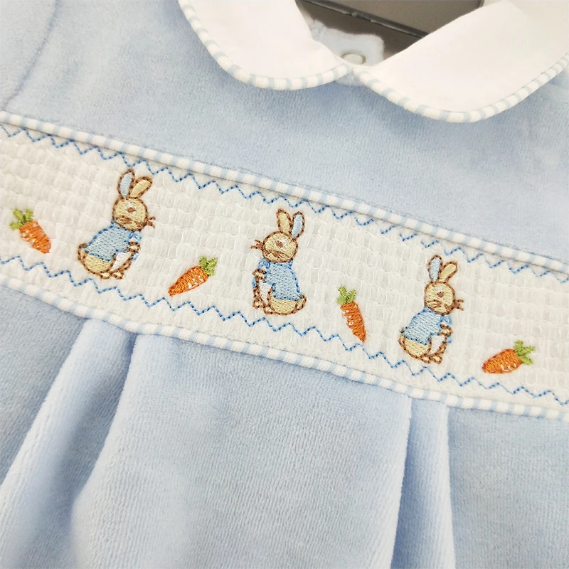 2022 Factory hot sell cute embroidery velour warm baby all season smocking romper for 0-6M baby