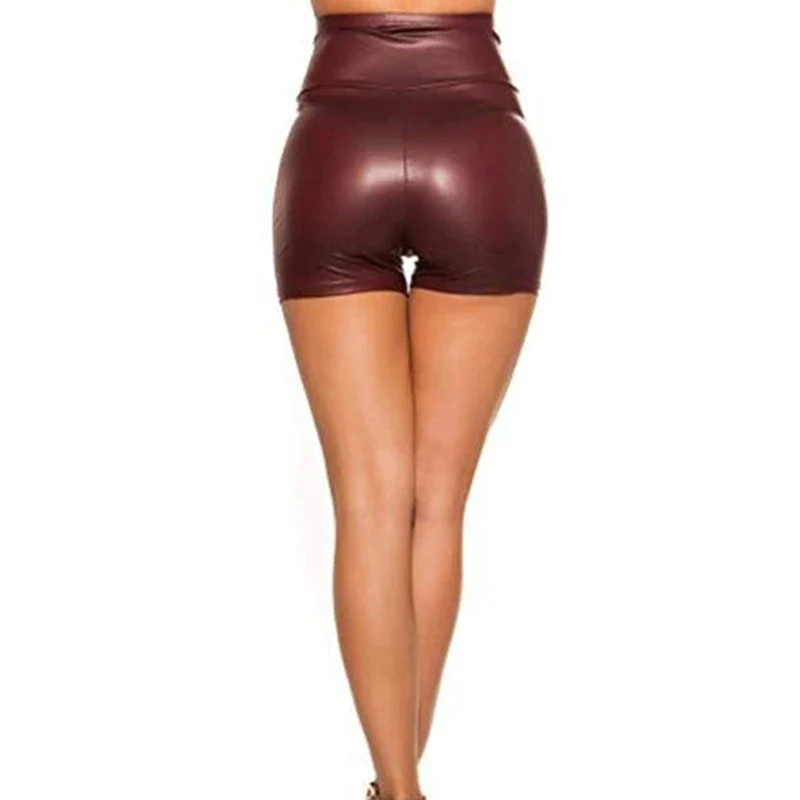  Шорты женские из экокожи с завышенной талией пикантные Клубные на молнии красные черные осень-зиму