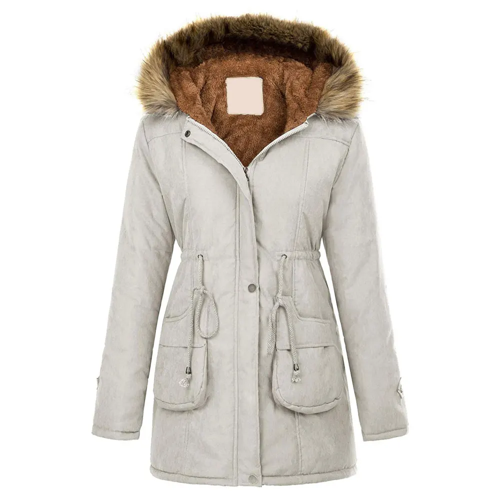 
OEM Custom Women parka winter jacket warm hooded Fur Collar fleece women jackets cotton coat 