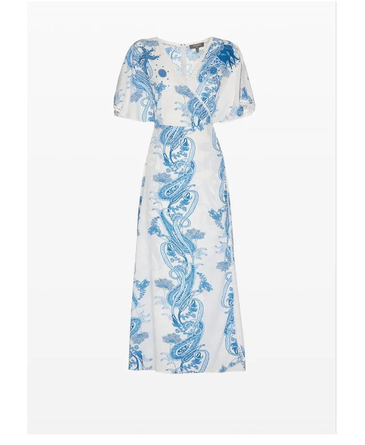 Длинное платье из крепдешина с принтом из пряжи с вышивкой и жемчугом | V-образный вырез | Итальянская мода