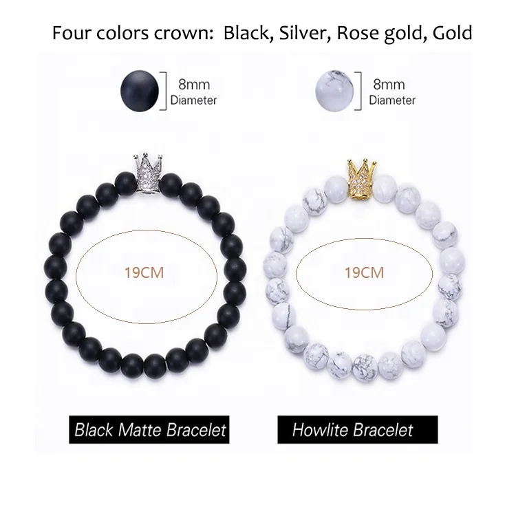 Custom Personalized Matt Black White Turquoise Silver Crown Her King His Queen 8mm Beads Couple Bracelet
