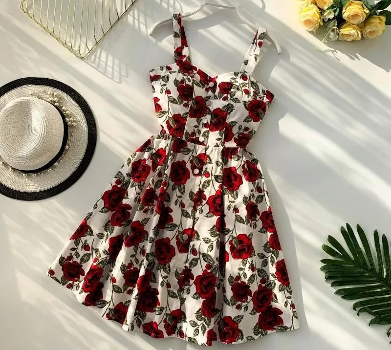 Boho 2019 Floral Print Summer Women short Dress Spaghetti V Neck Strap Retro Beach Fashion Party short Dresses