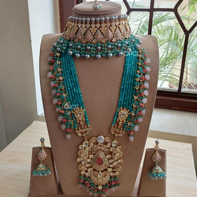 new fashion big real kundan and pearls bridal choker and long set with earring and mangtikka by M Creation