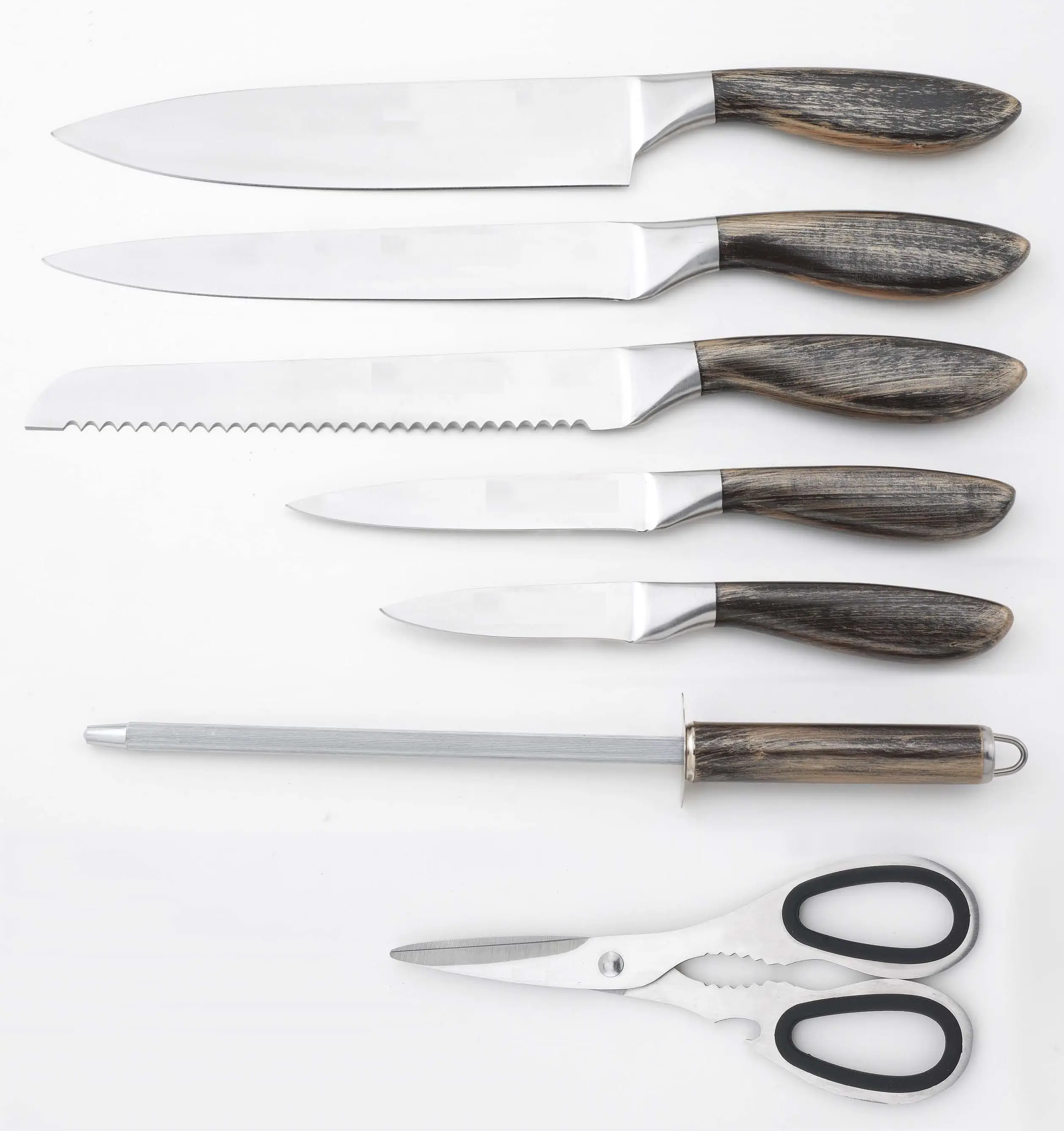 Yangjaing Factory, high quality Hollow kitchenware 430SS Chef knife set, sharpener with antique handle and acrylic stand
