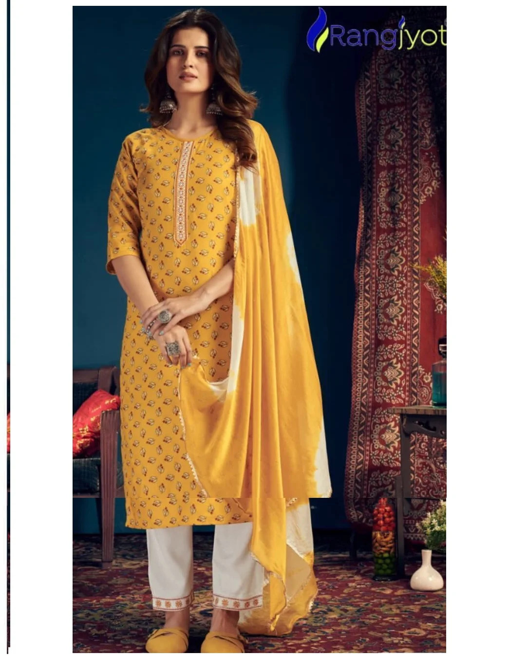 Gorgeous contemporary designs Kurta Pant ,Dupatta Set For Ladies Rayon Print with tie patti work 4 Side lace Dupata Royal Export