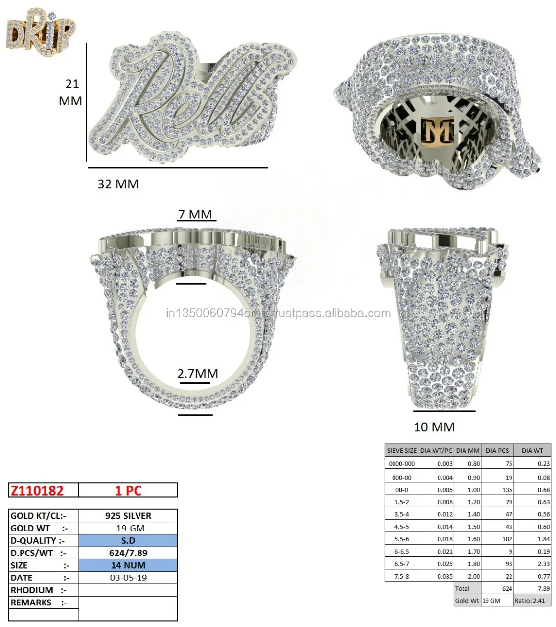 Unique design 925 silver 19 gram real diamond custom ring for unisex