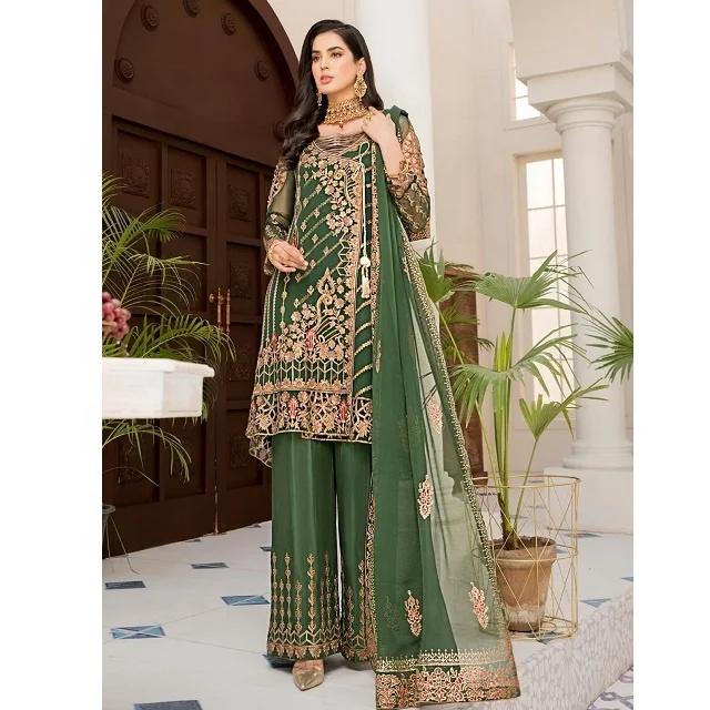 
Latest Luxury Design Ethnic Pakistani Embroidered 3 Piece Chiffon Suit 