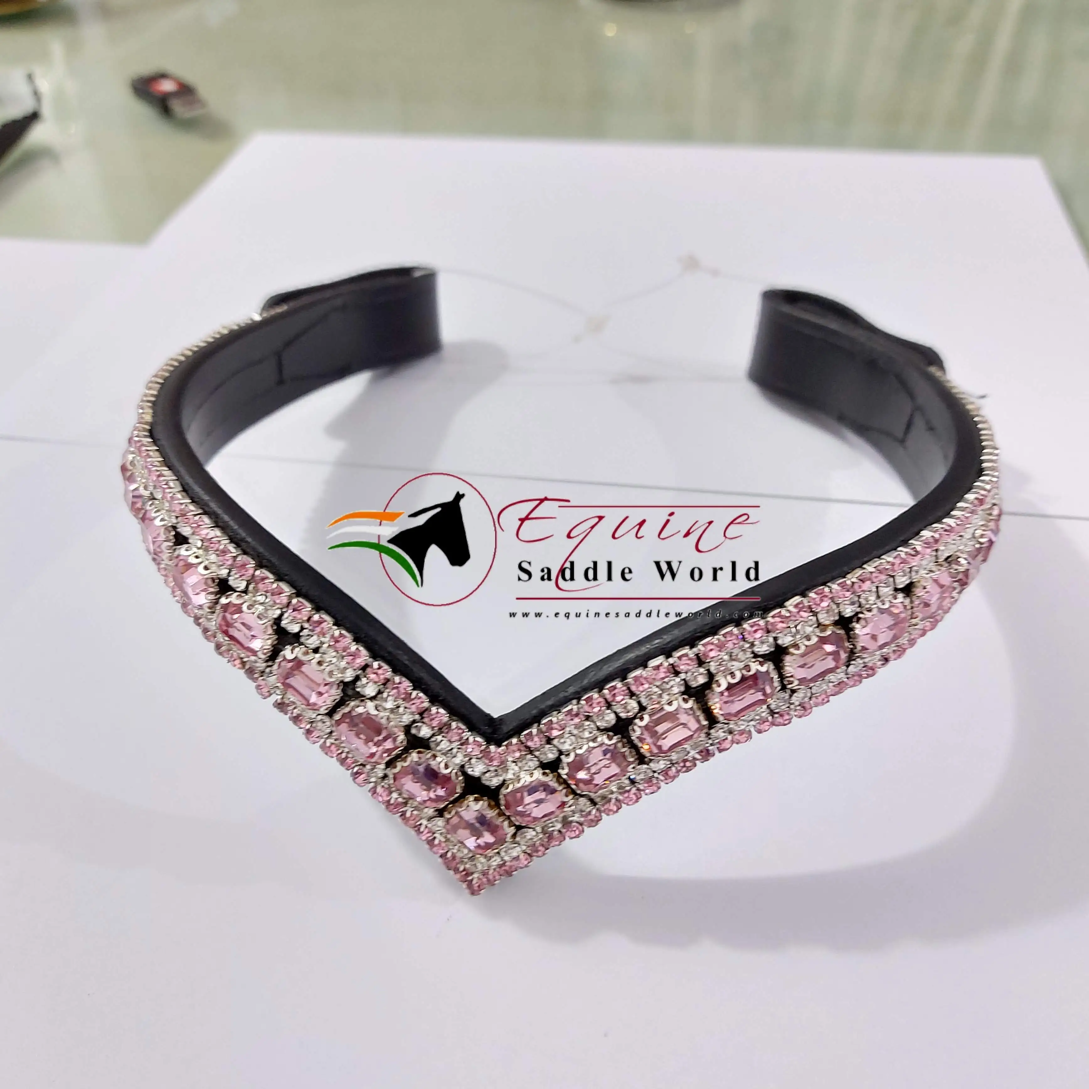 TRENDY HORSE V SHAPE BROW BAND PINK CRYSTALS AFFORDABLE LUXURY EQUESTRIAN PRODUCT WITH SNAP BUTTON LOOP.