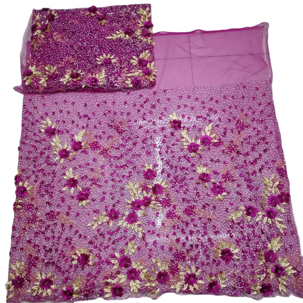 African Net Lace George Wrapper Fabric Pink color