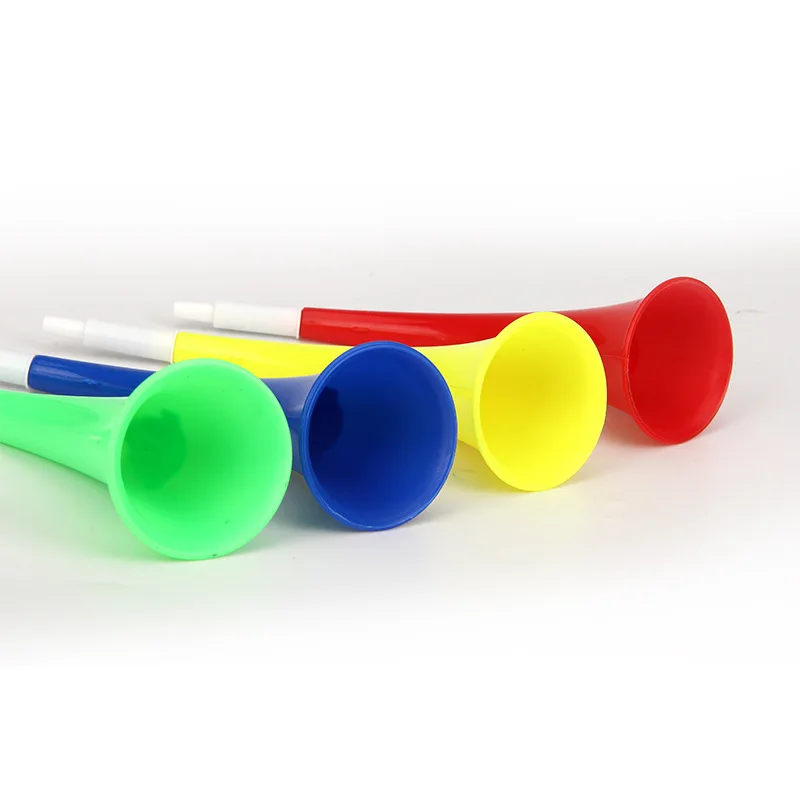 
China factory good plastic cheering horn, yellow blue red green toy football fans cheer 1 segment trumpet with without cap 