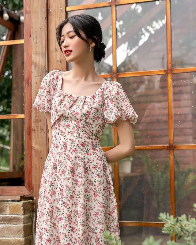 New Arrivals Spring Dresses Women Chiffon Puff Sleeves Midi Dress Casual Dress All Over Printing Made in Vietnam