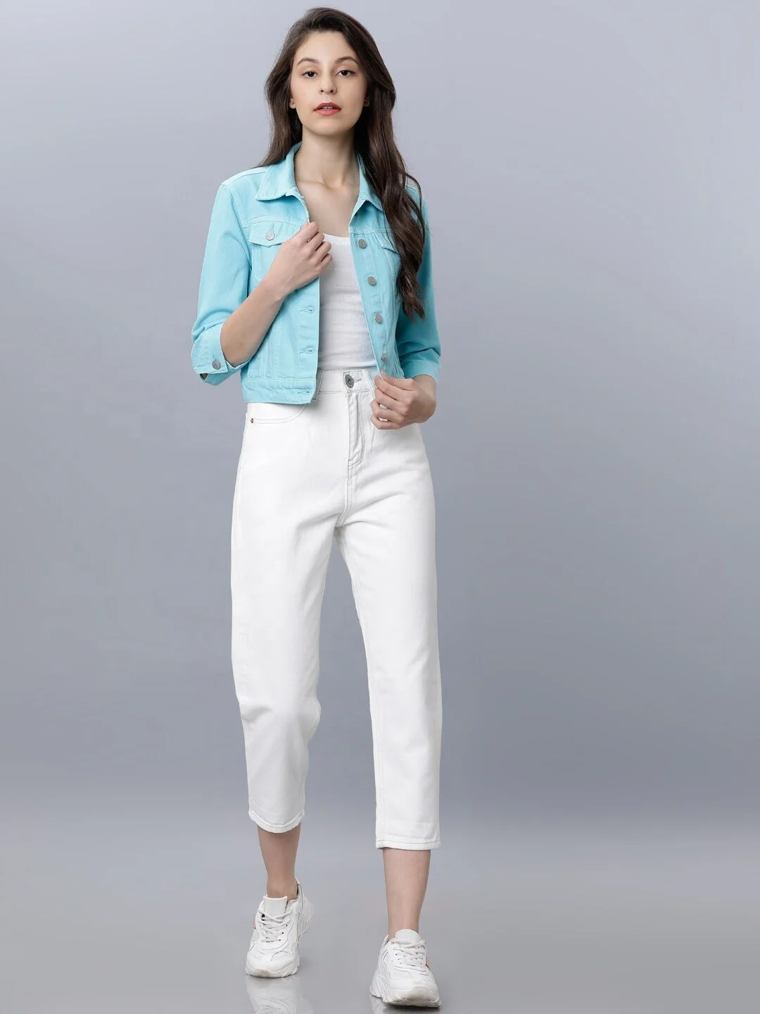 2022 Spring Autumn Customized fashion denim jacket women  jean jackets ferozi Color women denim/jean jacket