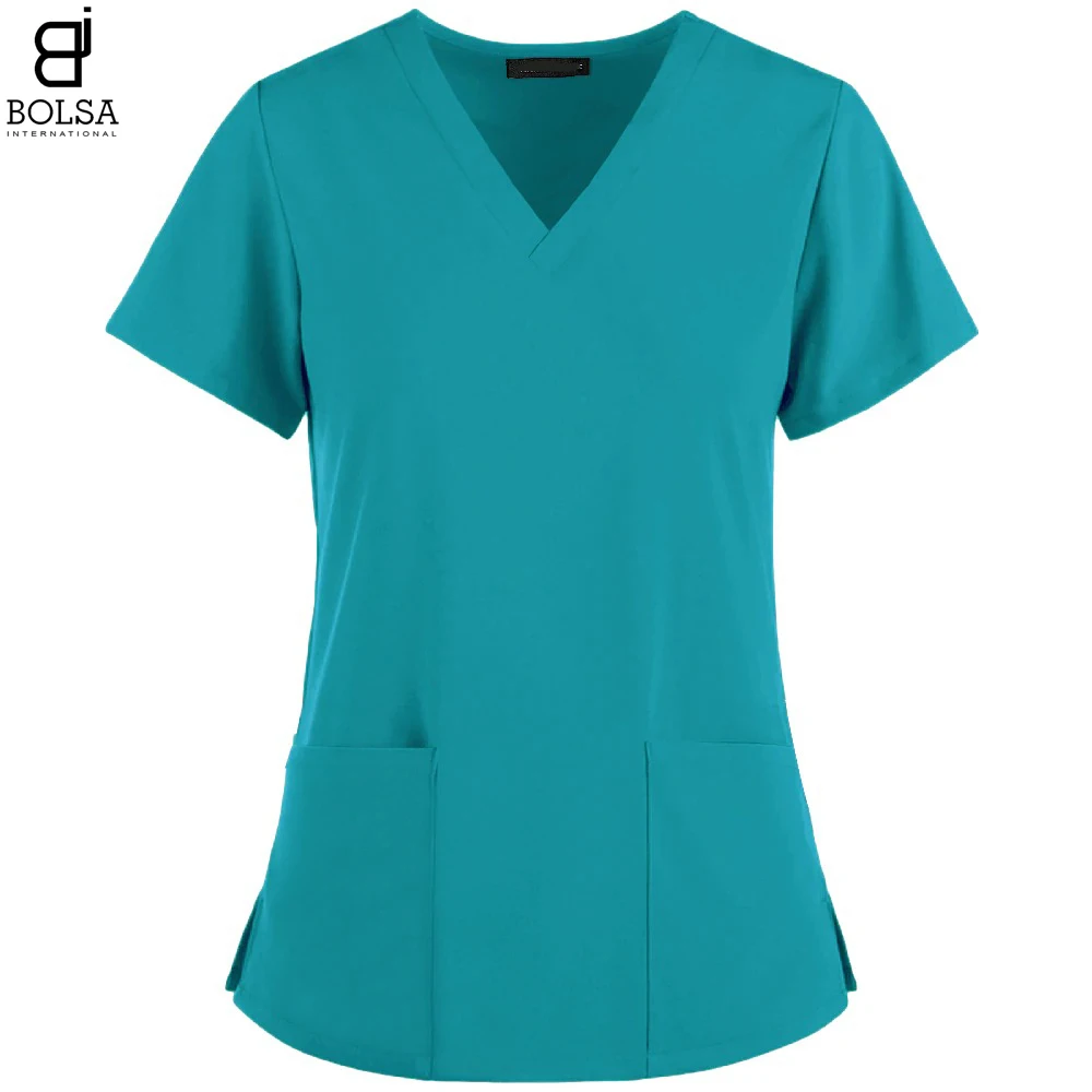 
New Short Sleeve V-Neck Pocket Care T-Shirt Tops Summer Workwear Tops Elastic and Breathable Doctor Scrub Uniform 
