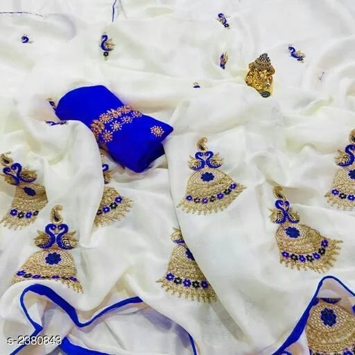 
White based sky blue embroidered saree with lace border and tussle Bollywood style latest party wear wedding silk sari & Blouse 