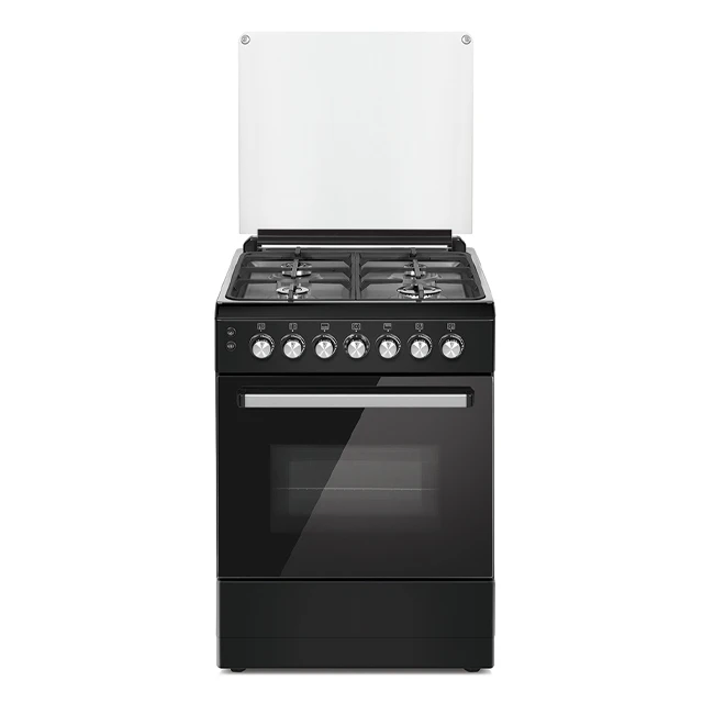 60x60 Elitline Black Enameled Top Table Black Body Cast Iron Grids Black Glass Door Glass Cover Free Standing Oven