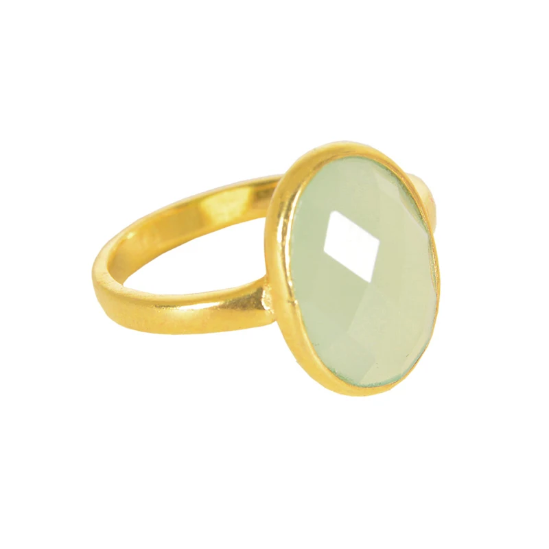 New Arrival Gold Plated 925 Sterling Silver Ring Green Chalcedony Oval Bezel Jewelry